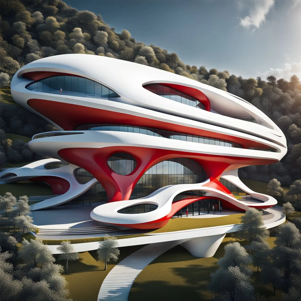 Escuela ecológica futurista, estilo Zaha Hadid, calidad ultra, hiperdetallada, hiperrealista, arte digital, 8k3D, vista aérea, colores blanco, rojo y amarillo