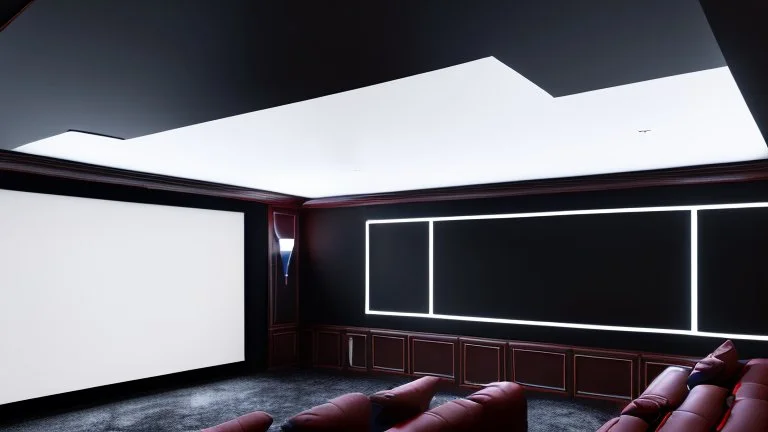 Generate an image of a sleek home cinema with our top-notch projectors and surround sound systems with a star-lined ceiling similar to a Rolls Royce in a high-rise penthouse