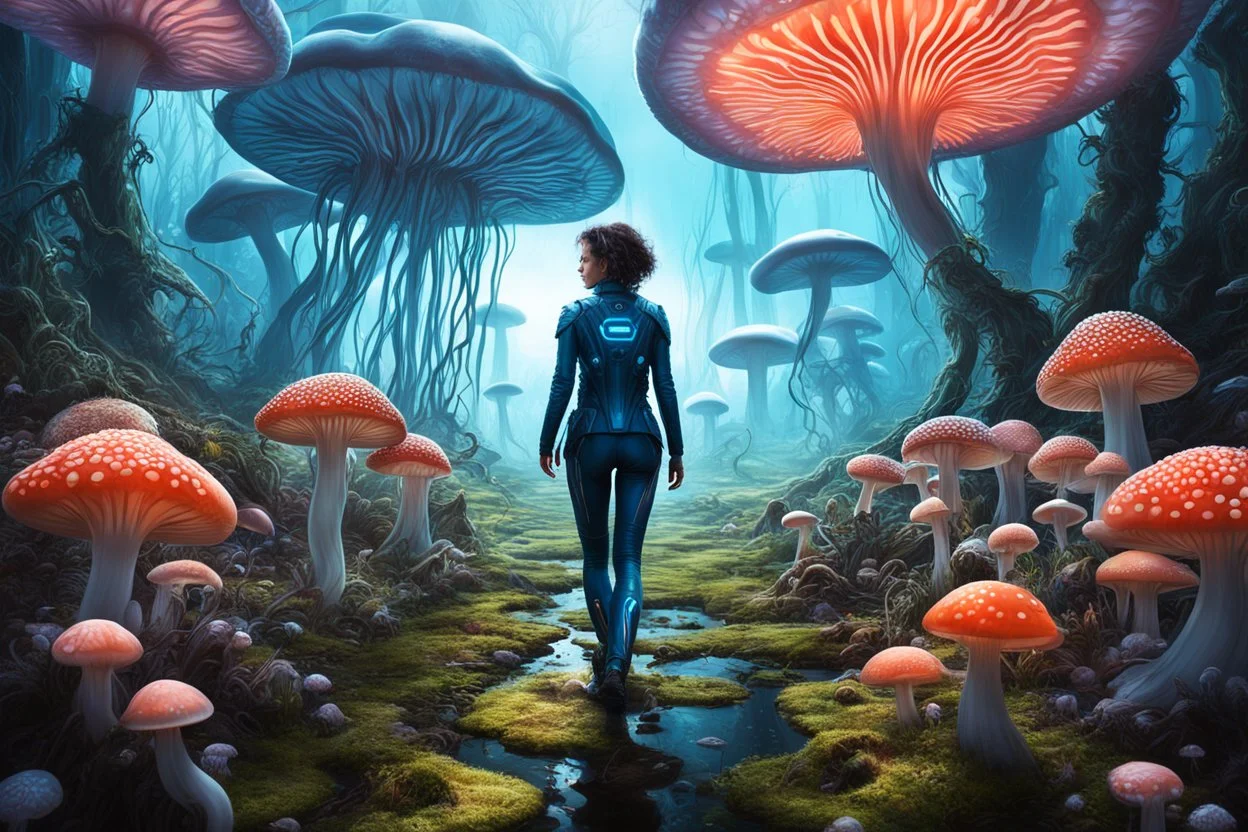 Woman in an Android suit, Walking Through Alien Mushrooms With Jellyfish Tentacles, Floating Through An Alien Forest, Floor and walls Covered In Mushrooms, Photorealistic, Deep Colour, Intricate Detail, Sunshine, Blue Sky