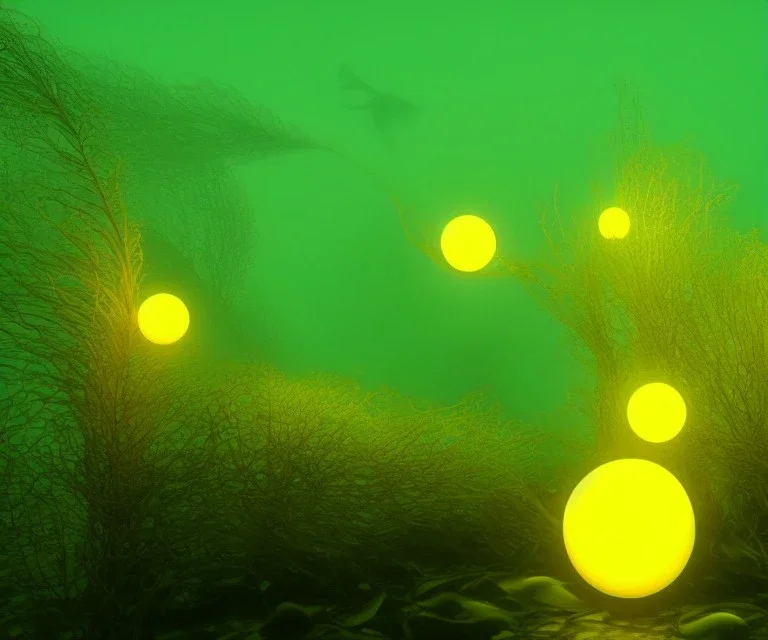 Kelp forest, bulb with yellow bioluminescence, 3d render, Hyper realism, school of fish, avatar