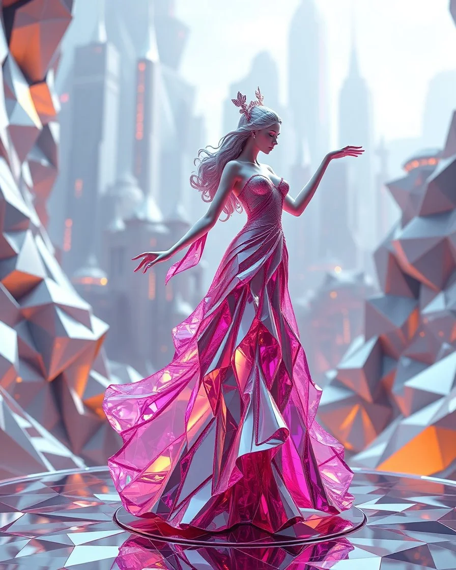 very complex structure ,pretty viberating color environment 3d metalic and crystal recursive animating beveled geometric base very complex structure future world evolving background and goddess lady in pretty cleric dress comes out dancing gracefully , viberating color moving very in modern city escap environment while camera tracking it.