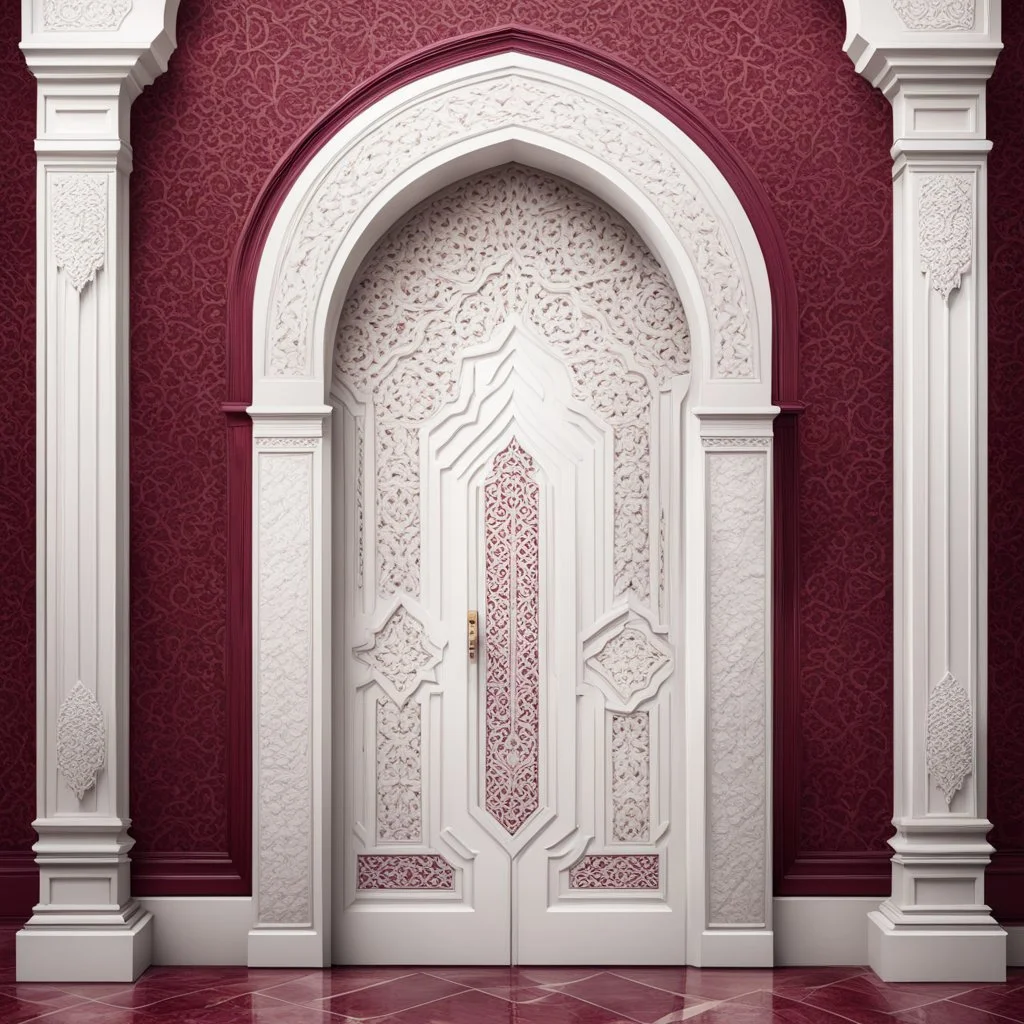 Hyper Realistic Islamic White Door Architecture Pattern with maroon marble texture & vignette effect