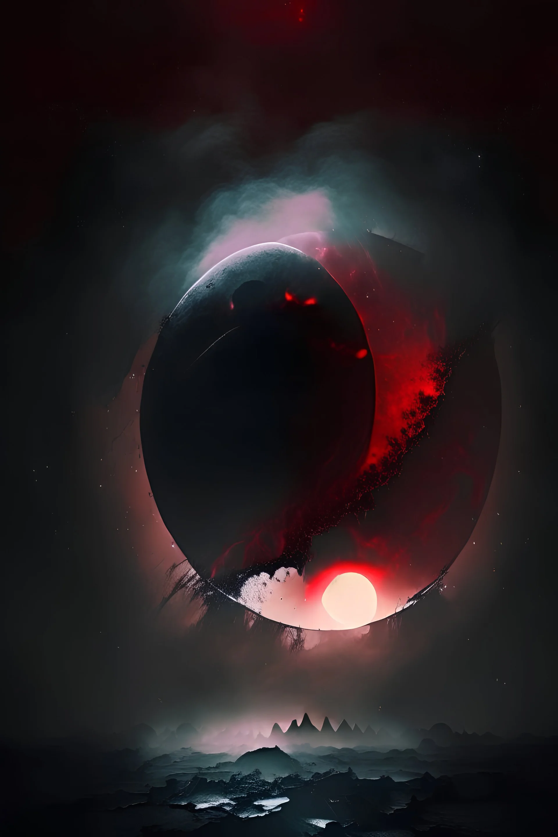 First Quarter of Blood Moon in center surrounded by a black mist, digital art