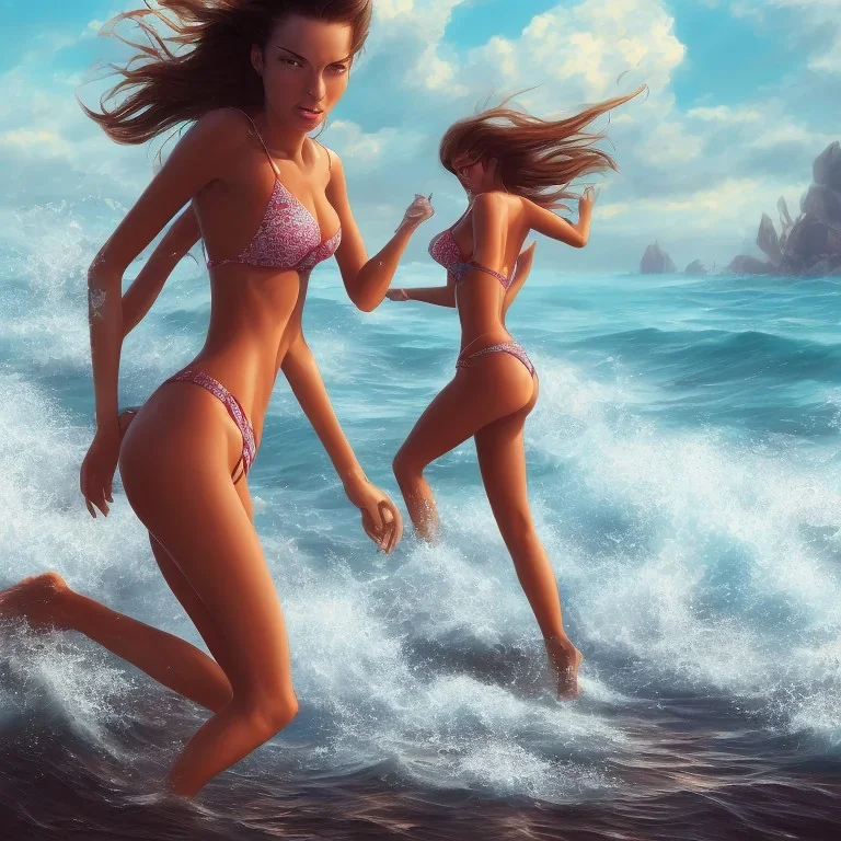 hot girl Running to the sea