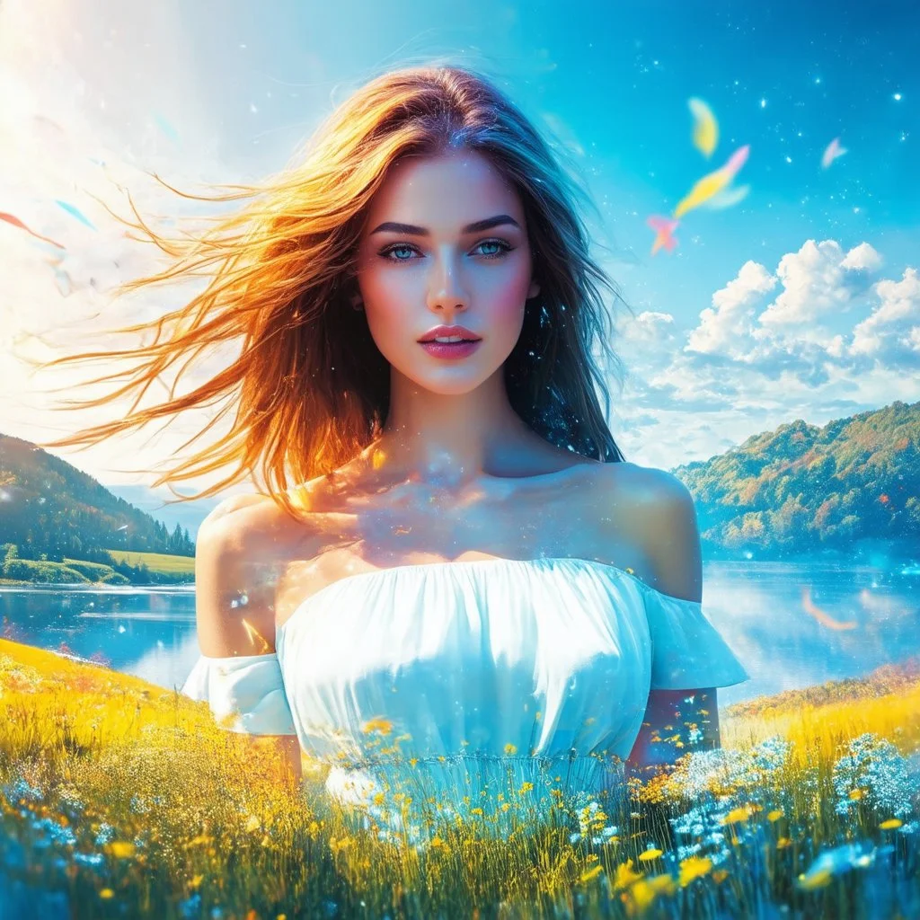 Double exposure beautiful fantasy portrait, woman and landscape, ultra quality