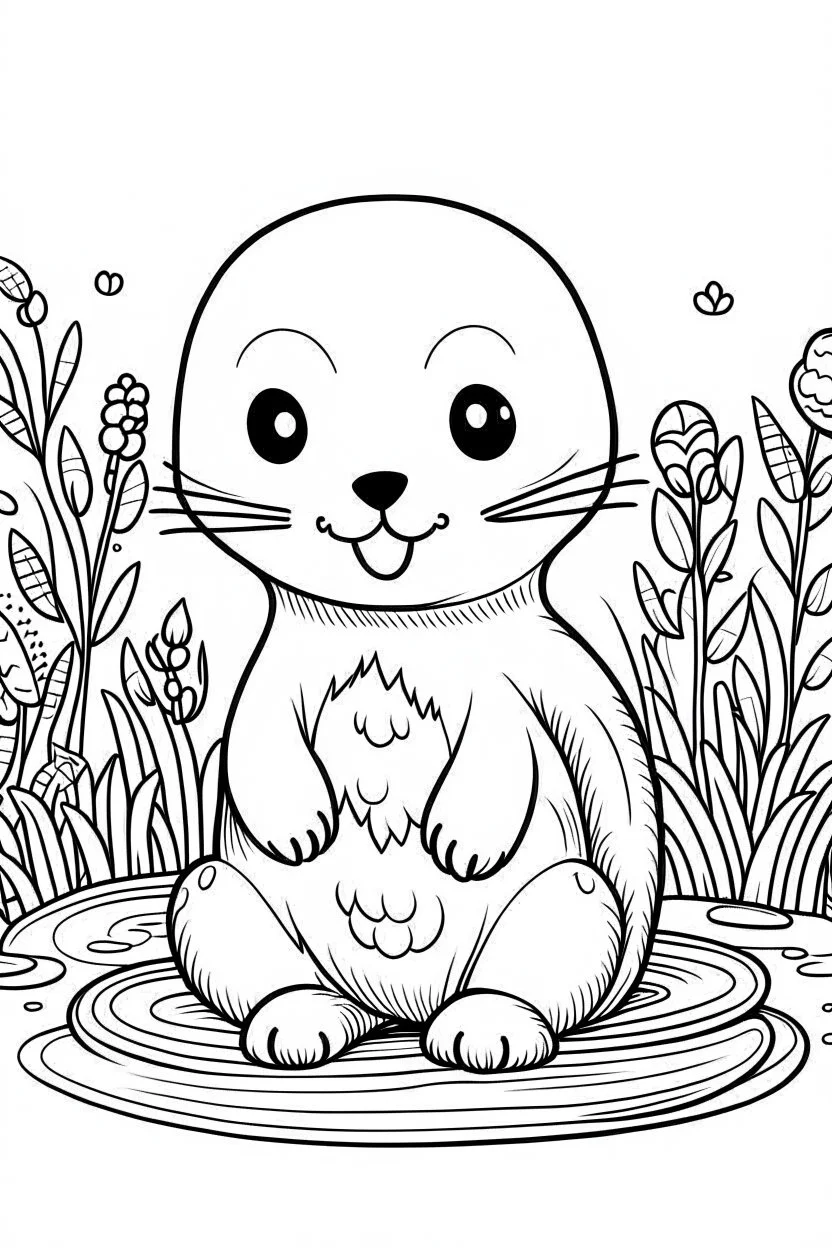 cute coloring page, sketch style, cute baby otter in the wood, cute cartoon, white and black, withe background, no shadows, outline.