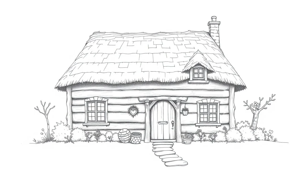 A front elevation fine line drawing of a fantasy wooden cottage reminiscent of the Burrow from Harry Potter