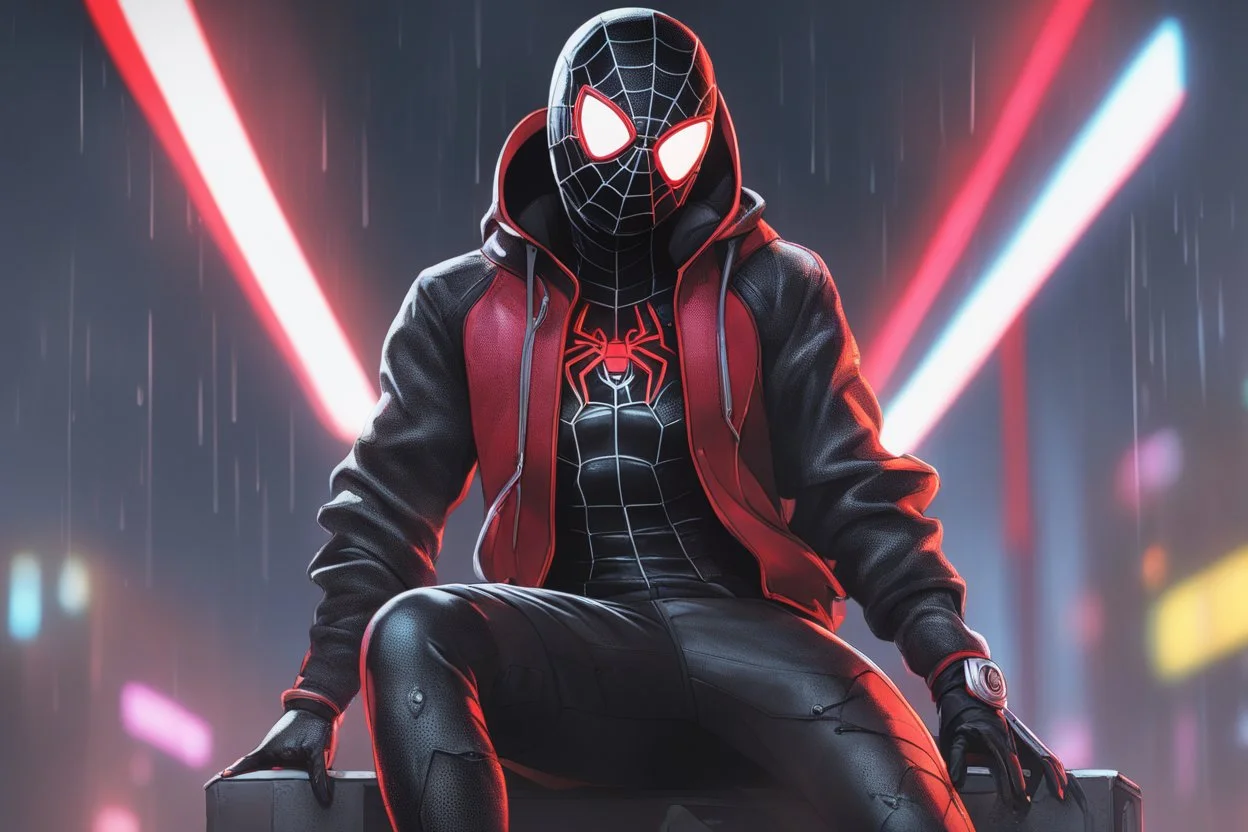 Miles morales in 8k nier automata drawing style, cyberpunk suit them, cinematic mood, neon effect, close picture, rain, highly detailed, high details, detailed portrait, masterpiece,ultra detailed, ultra quality