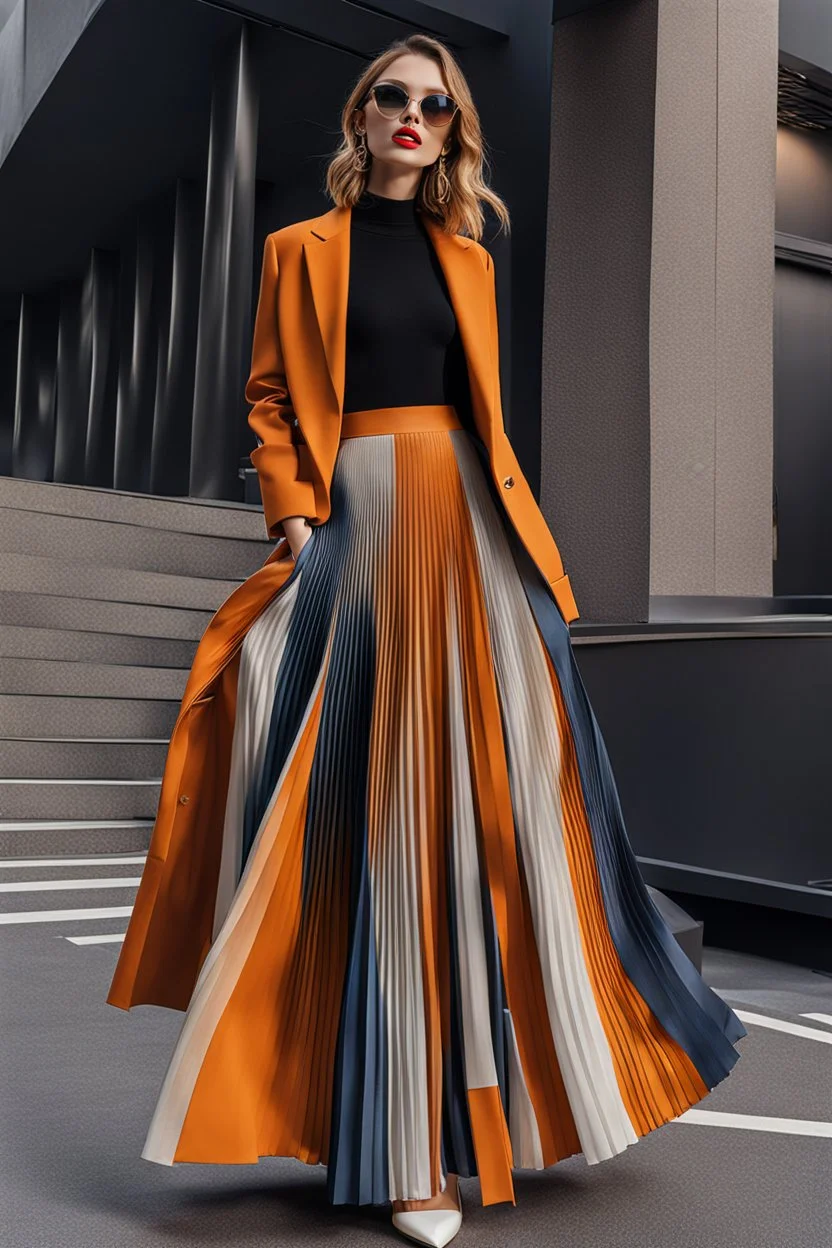 full body Spring 2024 Women's Pleated Skirt Fashion and Color,modern city scape,