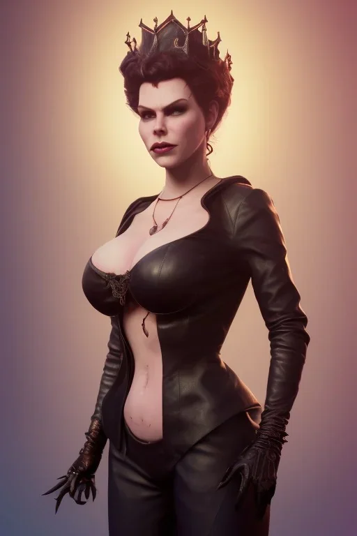 Hannah Waddingham as evil queen in black leather, busty, cleavage, voluptous, rebecca Welton, angry, stern look. character design by cory loftis, fenghua zhong, ryohei hase, ismail inceoglu and ruan jia. unreal engine 5, artistic lighting, highly detailed, photorealistic, fantasy