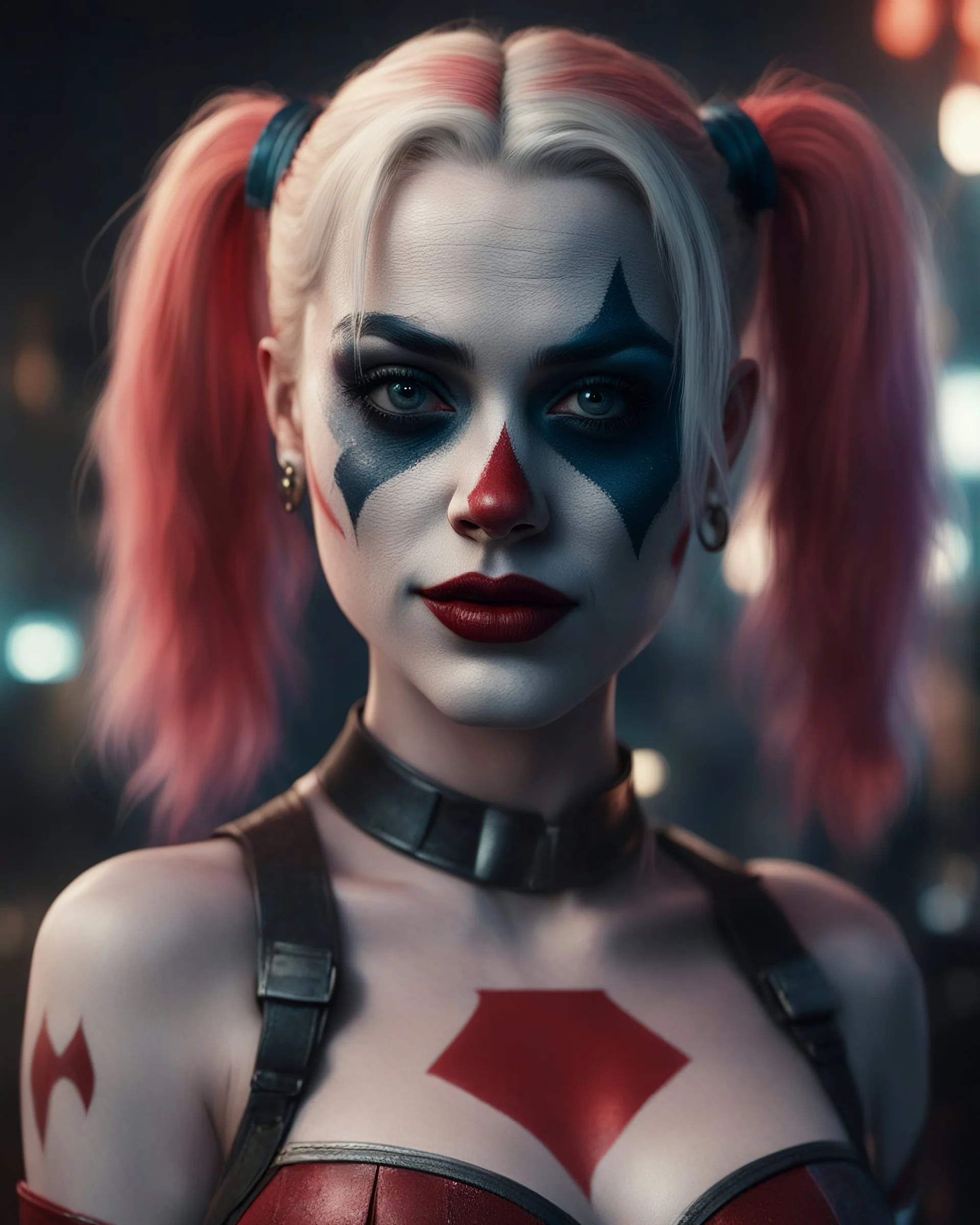 harley quinn a stunning portrait , cinematic brilliant, stunning intricate meticulously detailed dramatic atmospheric maximalist digital matte painting, 8k resolution concept art by Alan Paterson dynamic lighting hyper-detailed intricately detailed, sharp focus, studio photo, intricate details, highly detailed, By Alyssa Monks. In the distinct, highly detailed style of David Drebin, Helmut Newton, and Richard Kern.