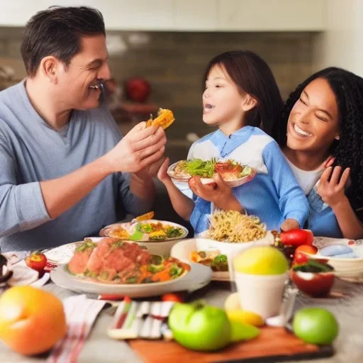 A man with his family at the dining table eating an extremely healthy meal of fresh Whole Foods