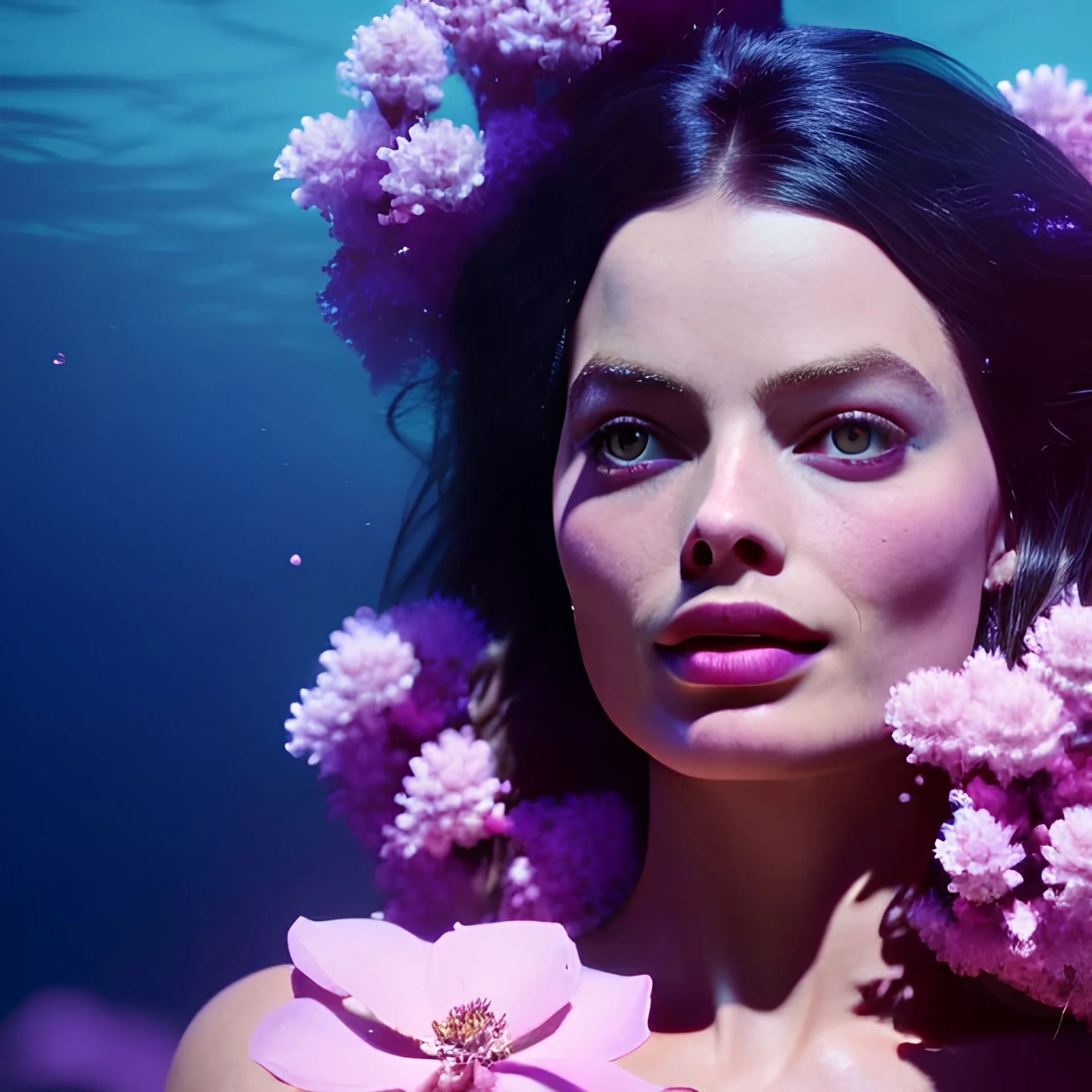 Margot Robbie underwater with purple flowers for hair, closed eyes, rtx, reflection, 8k, glow, winning photography, caustics