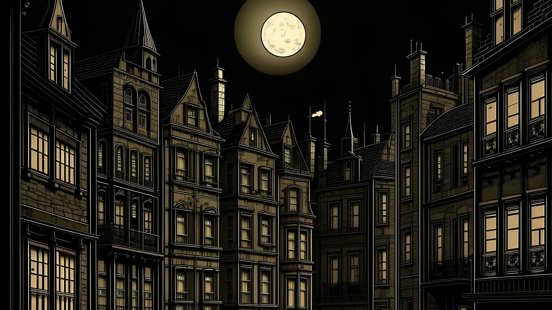 old, brown town with tall, skinny buildings. dark at night with moon in sky. gothic style