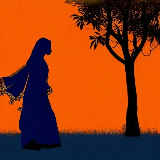silhouette d'indienne en sari dans un monde en fleurs, concept art, crépuscule , bleu oranger
