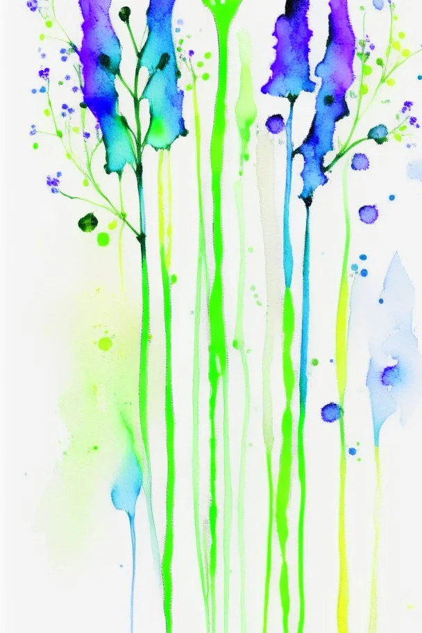 Abstract wet watercolour, blue green stalks delphiniums,
