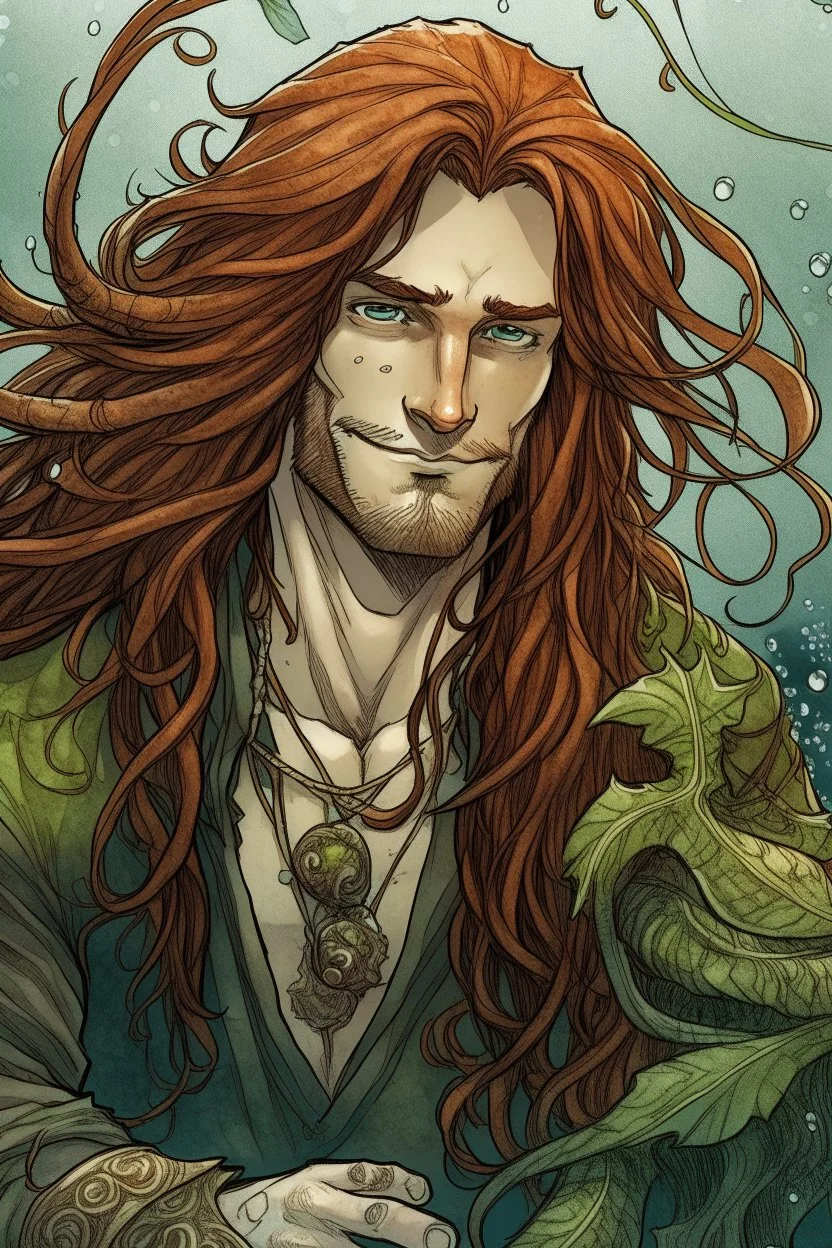 rugged wet pirate nereid male with seaweed in long auburn hair