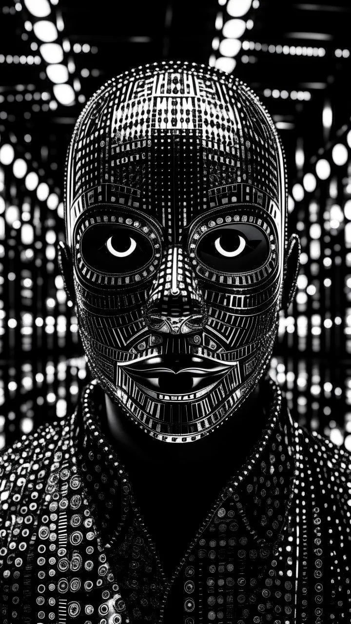 Medium close shot, a horror business punk is wearing a mirrored mosaic tile mask, ornate and shiny, intricate details, long exposure leading to the backdrop of a horrific sewer system, black tones