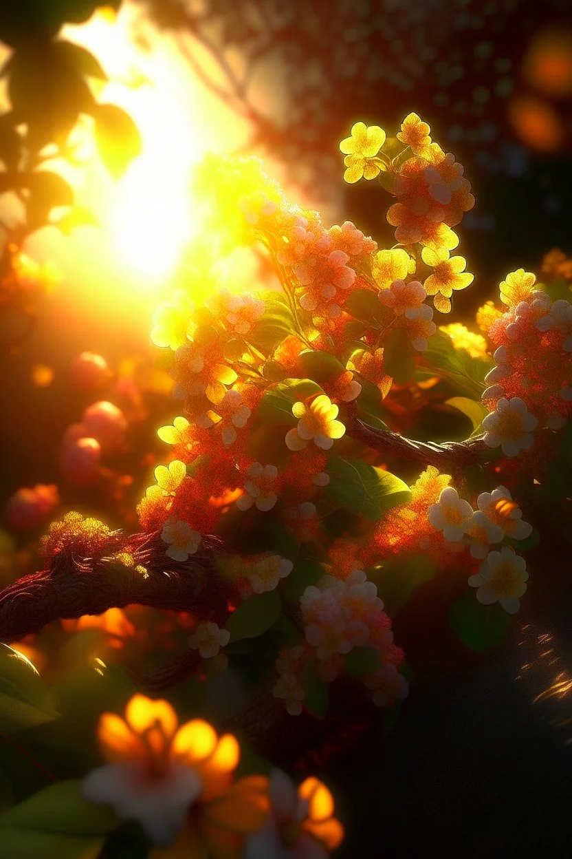 gentle sunlight, curly branch all in flowers, hyperdetalization , mysticism, illumination, fantasy, warm atmosphere, hyper realistic, beautiful, lumen, professional photo, beautiful, 3d, realistic, 64k, high resolution, high detail, cgi, hyperrealism, f/16, 1/300s, high detailed digital painting