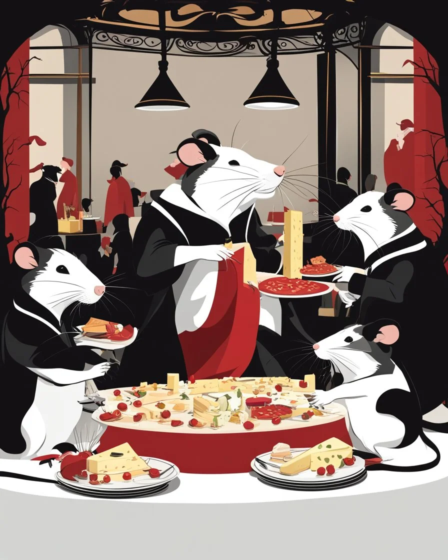 Vector illustration of a (((large rat sitting))) at a banquet table, eating a (((large cheese))), sitting at the same table, (((other rats watching the large rat eat))). White, red and black colors