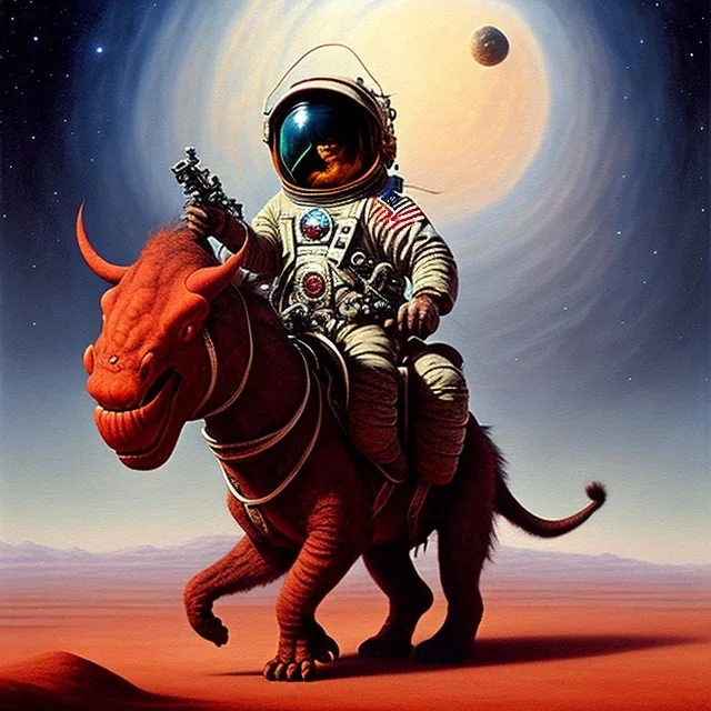 1yo little boy is on safari on the moon. riding on the red dinosaur. he has big and a funny hat. High detailed. Cinematic. oil on canvas painting. Warm lights. beksinski