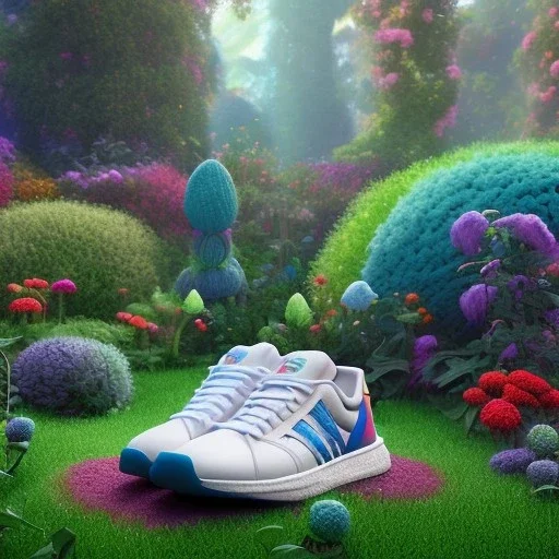 Play doh style, pixar style, volumetric summer garden environment and background, hyper realistic painting of adidas sneaker, looking excited, volumetric lighting, dramatic lighting, detailed digital painting, anime, ornate, colour-saturated colors, chaotic, small minutiae, tiny features, particulars, centered, smooth, sharp focus, renderman gofur render, 8k, uhd, detailed eyes, realistic shaded volumetric lighting, sunlight caustics, backlight, centered camera view