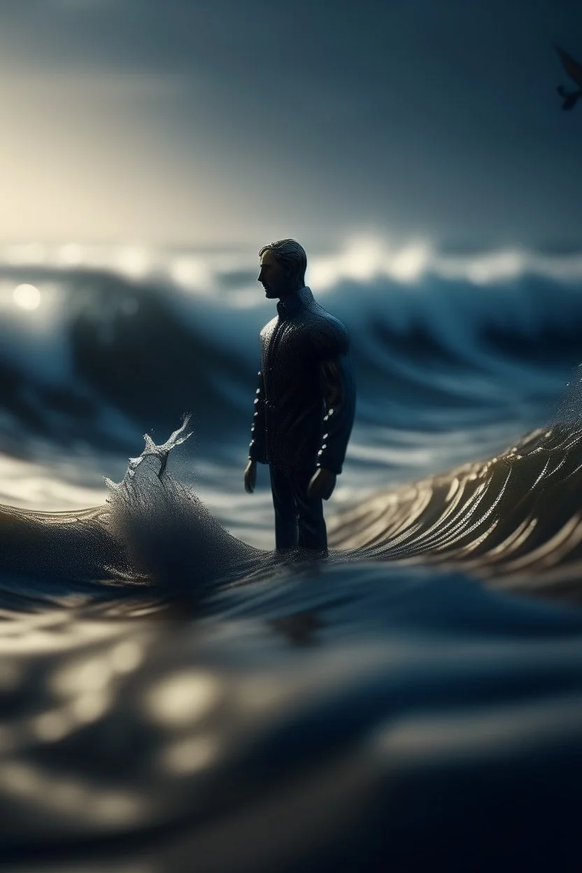 waves and digits, shot on Hasselblad h6d-400c, zeiss prime lens, bokeh like f/0.8, tilt-shift lens 8k, high detail, smooth render, down-light, unreal engine, prize winning, a man standing with wings