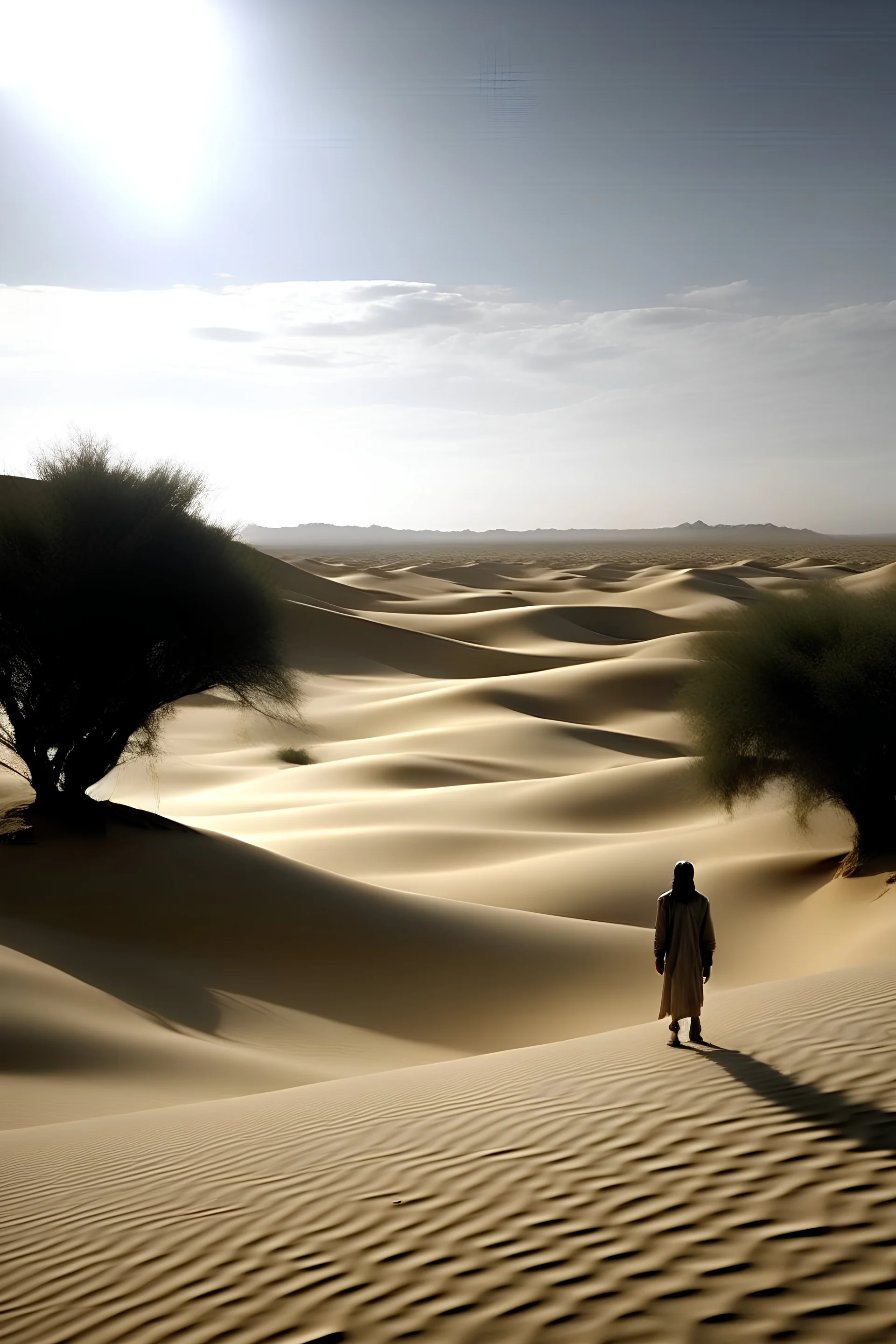 It was a vast and desolate desert, stretching as far as the eye could see, interspersed with only a few solitary trees. In the distance, you can see a lonely Chinese tomb, eroded by wind and sand, looking dilapidated and desolate. A lonely figure stood in front of the grave, dressed simply, looking up into the distance, as if in search of something. The whole scene is silent and desolate, giving a feeling of loneliness and helplessness.