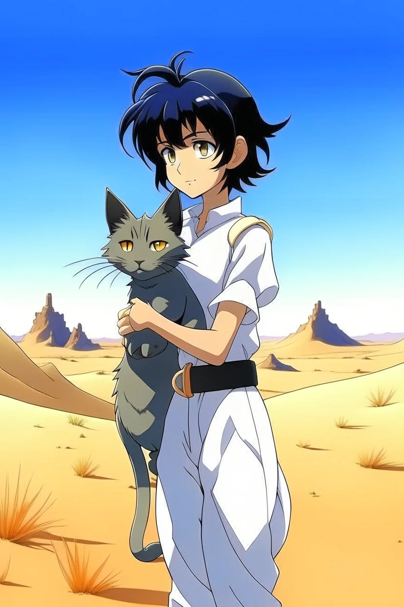 Meryl Stryfe Trigun young girl short black hair anime white clothes standing in the desert with a cat in her arms