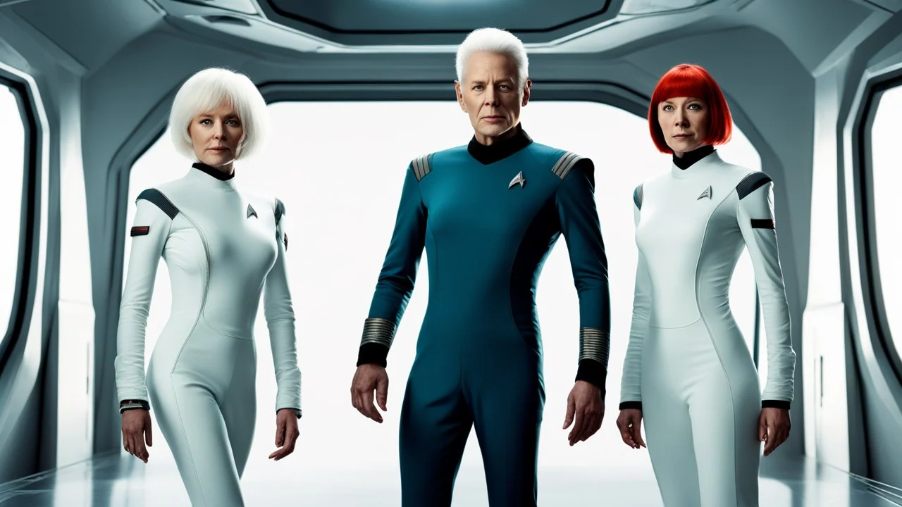 Photorealistic picture of a man in a flight suit with two tall, slender female androids in biosuits, one with red hair and one with white hair, standing on the bridge of a star trek style spaceship.