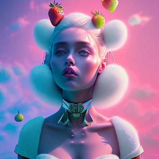 tropic landscape, white background, aerographic style,realistic painting of a beautiful wife and a big jar of marmelade,volumetric blue clouds,pink sky environment and flying strawberries in background, volumetric lighting,dramatic lighting, detailed digital painting, extreme dense and fine fur, anime, ornate, colour-washed colors, elegant, small minutiae, tiny features, particulars, centered, smooth, sharp focus, renderman gofur render, 8k, uhd, detailed eyes, real