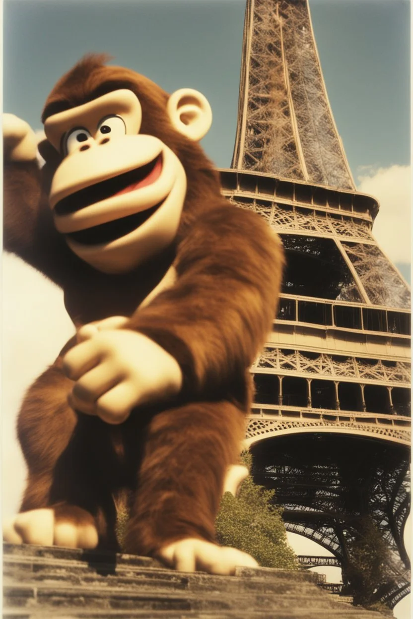 polaroid of donkey kong climbing the eiffel tower