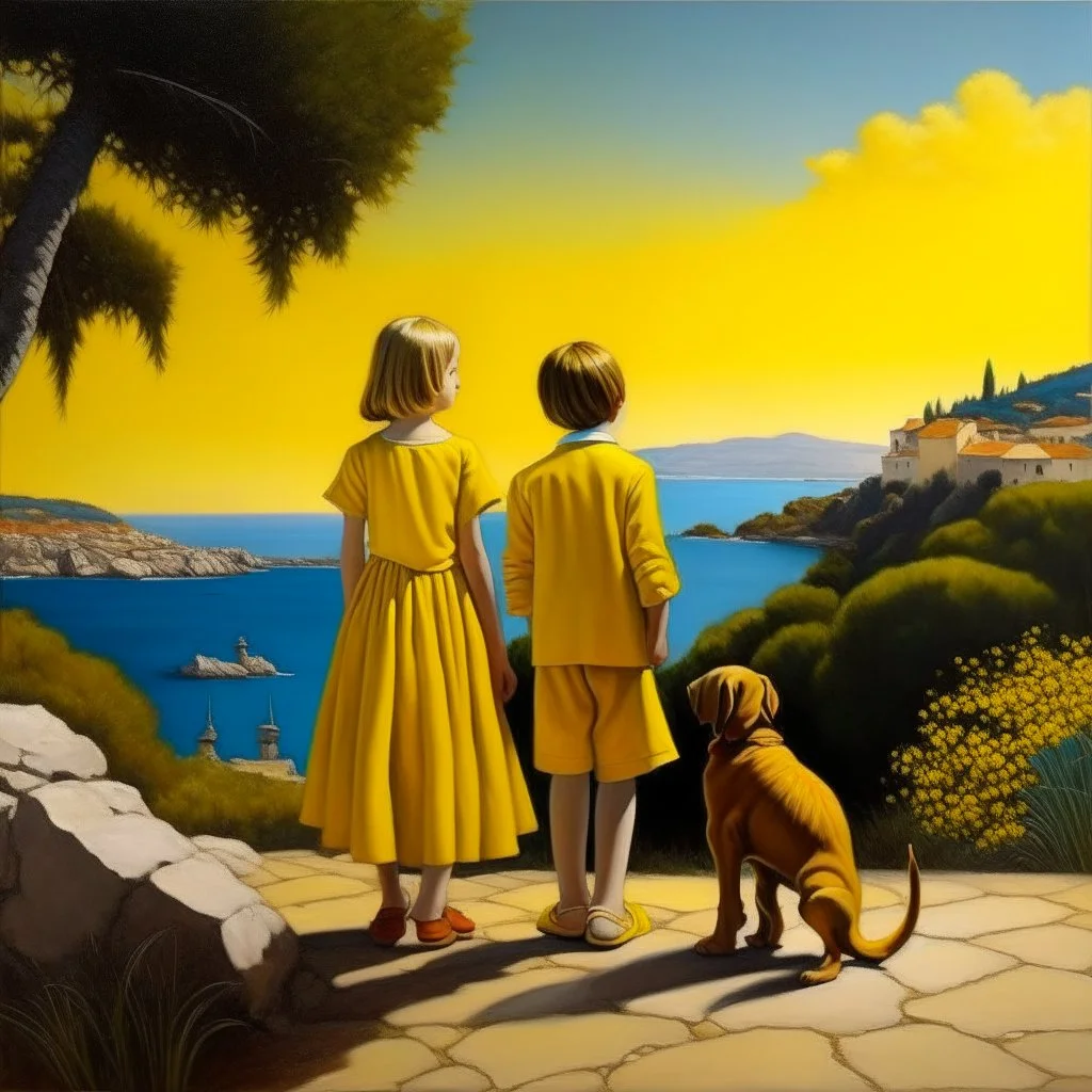 Neoclassicism realistic yellow cote d'azur landscape sea 2 childeren standing with dog