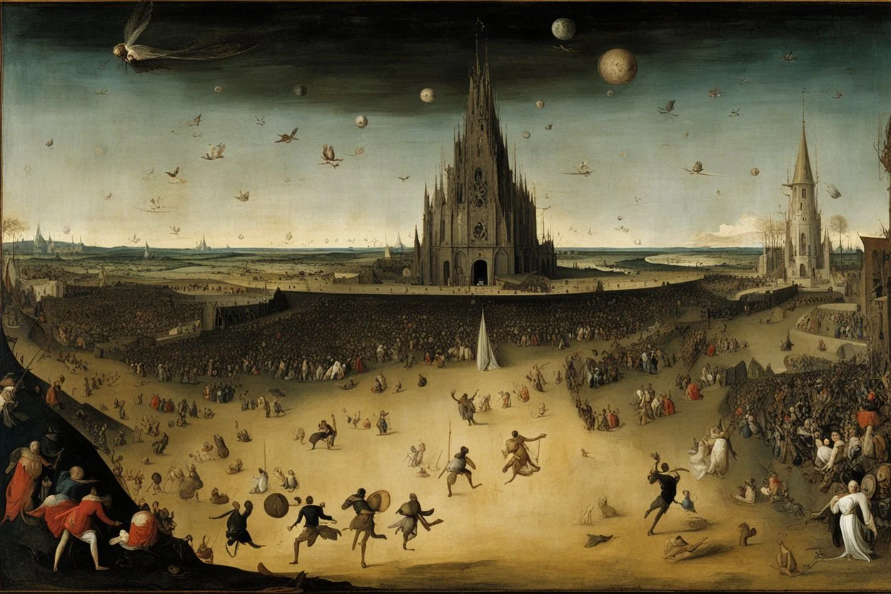 View of Elysium with dark female flying around over people running away in fear, Hieronymus Bosch