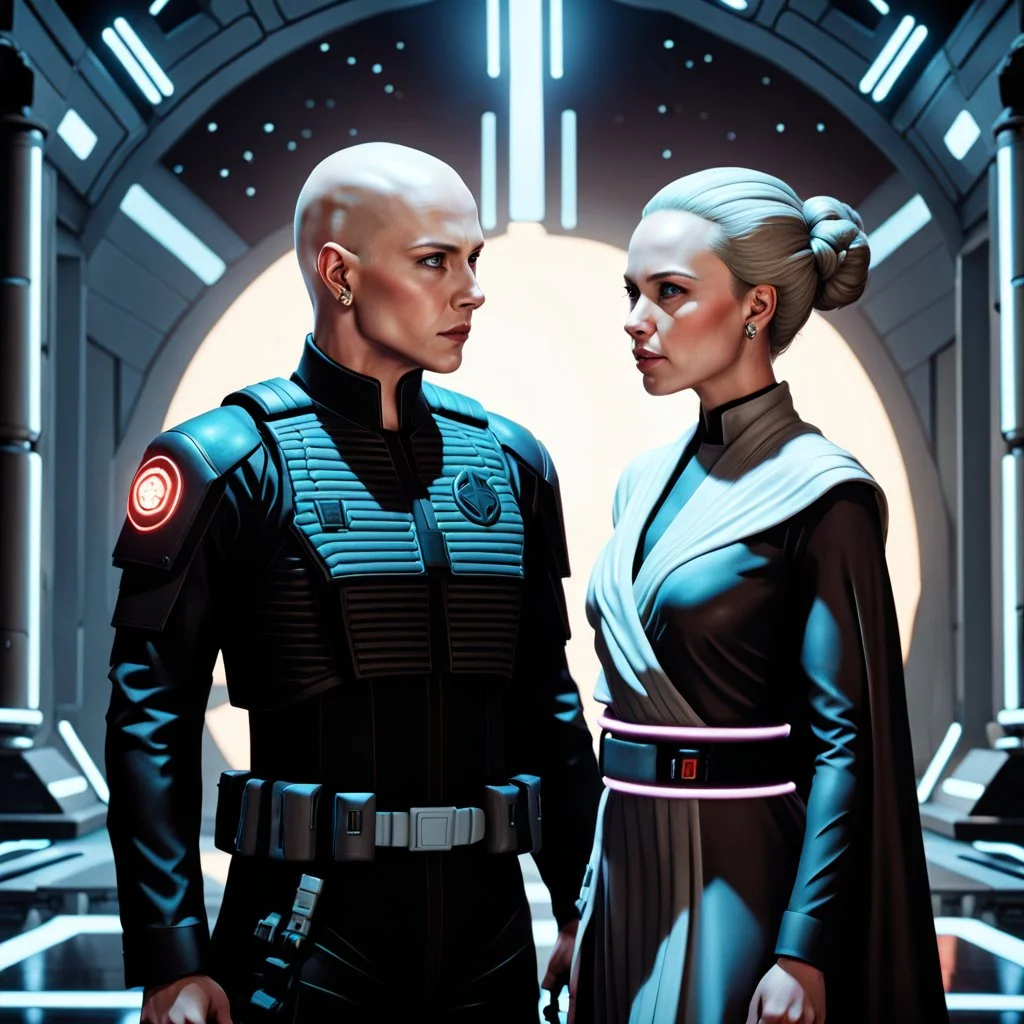 a bold and heroic bald male Corellian pilot in black and metallic grey First Order special forces gear meets a female Jedi Master in ancient, mystical temple, hyperdetailed, dynamic lighting, hyperdetailed background, 8k resolution, volumetric lighting, light skin, fully symmetric details