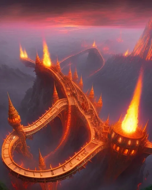 large rollercoasters in hell like castle, 8k, lava, rollercoaster