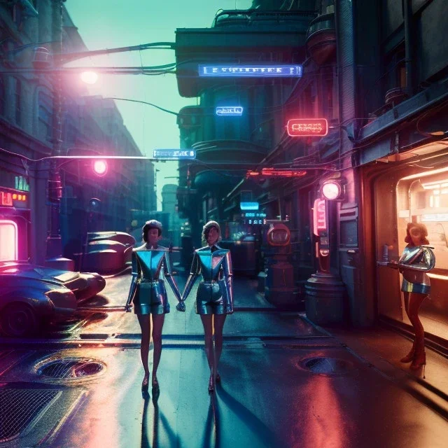 Ultra Realistic scene, retro futuristic style, 1960 fashion sci-fi. 2 cyber Women, shopping, smile, happy. Clean city, highly detailed, concept art, unreal engine 5, ray tracing, RTX, lumen lighting, ultra detail, volumetric lighting, 3d, finely drawn, high definition, high resolution.