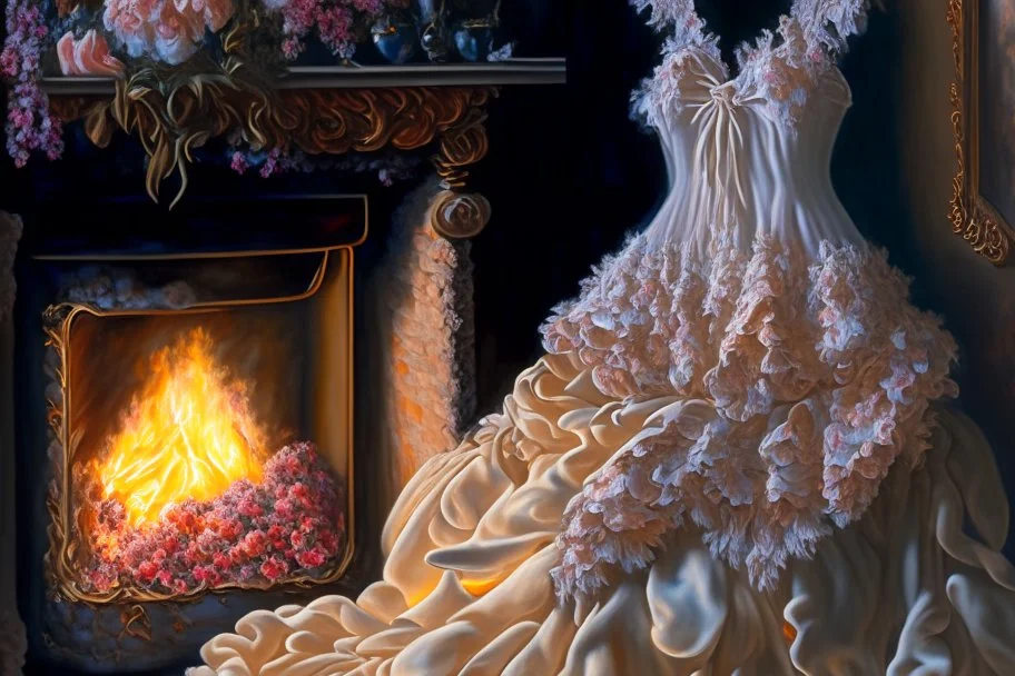 A beautiful romantic ruffled dress, decorated with beautiful embroidered flowers and lace, hanging on a hanger in a bedroom by the fireplace, in the light of the fireplace, Hyper realistic, oil on canvas award winning fantastic view ultra detailed acrylic art Ultra realistic Impressionism Surrealism simen johan, sharp focus intricate oil on canvas cinematic lighting photorealistic high detail ultra detailed crisp quality colourful