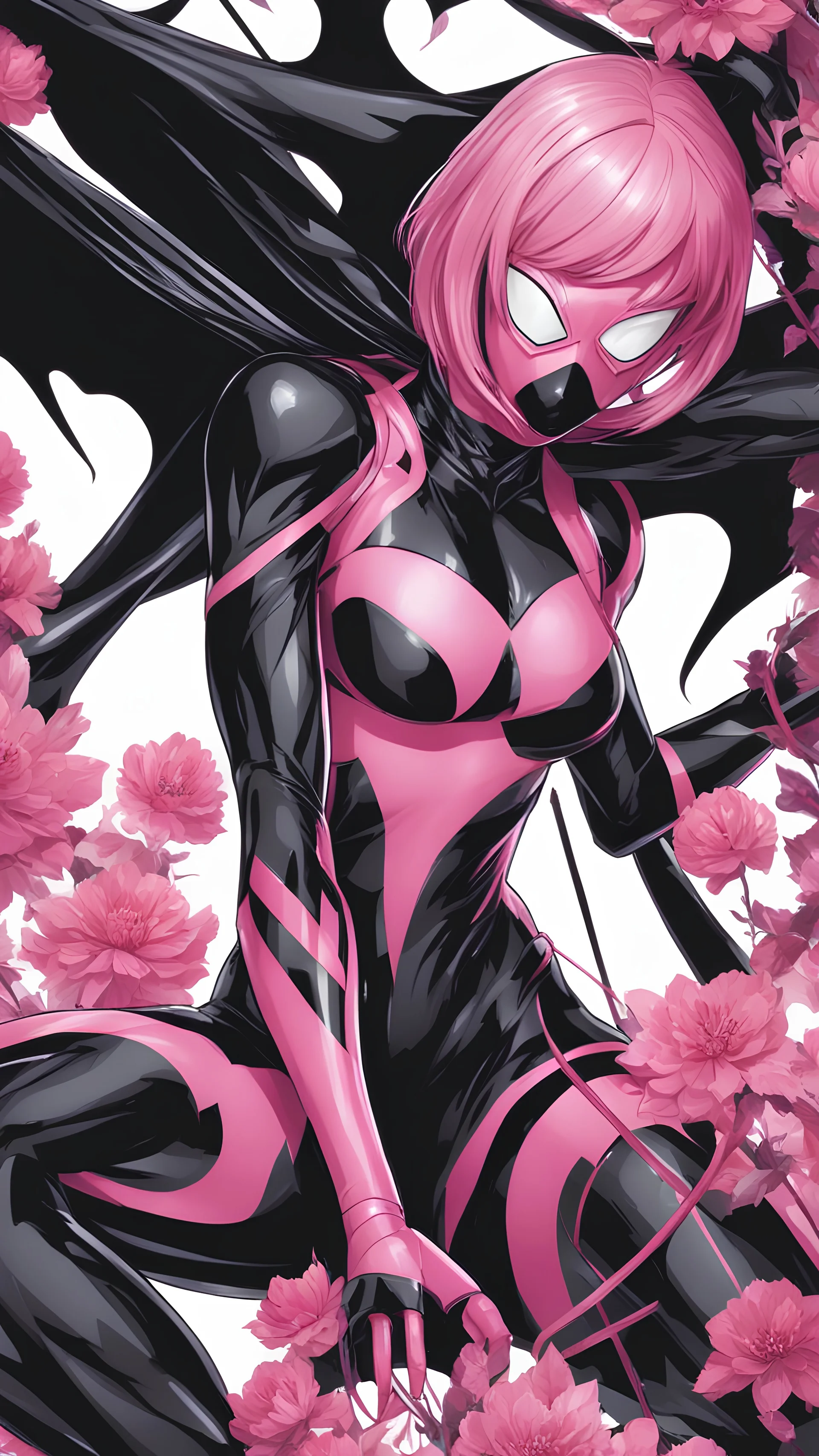 A close picture to Mix between gwenpool and symbiote, symbiote venom in background, pink and black custom, intricate details, highly detailedin in solo leveling shadow art style