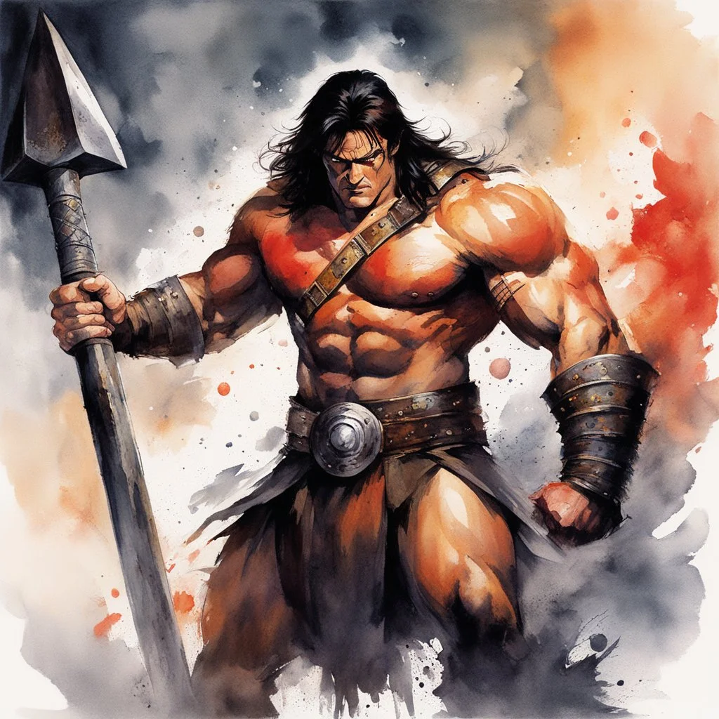 Aquarelle: Conan, mighty and fierce, grips his gigantic hammer, His hands firmly locked, ready to unleash its power. Strength and determination emanate from his stance, A force to be reckoned with, ready for the battle's dance.battles, and with his warhammer held ready, he is prepared to unleash his wrath upon any who dare to challenge him.