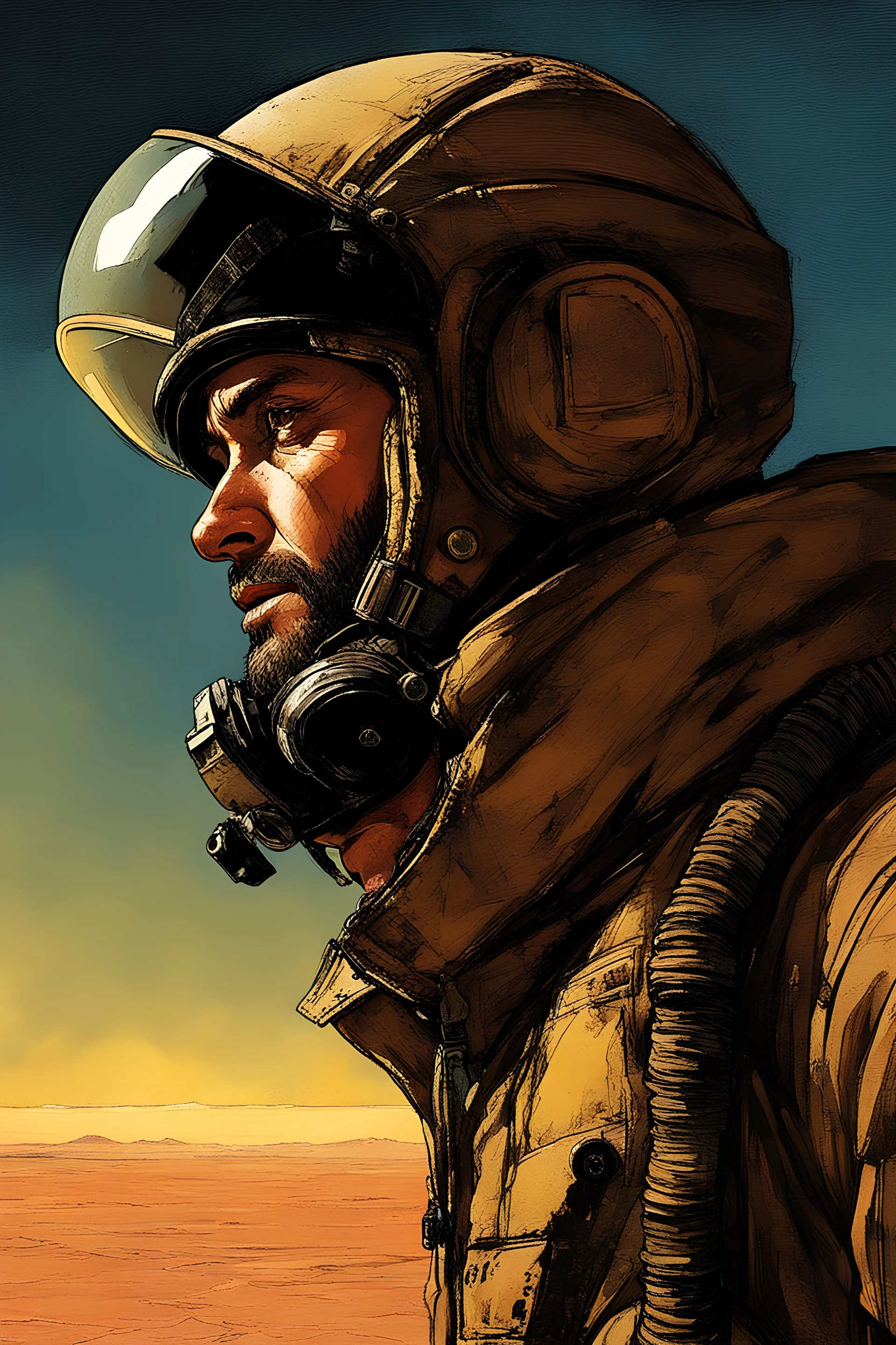 A bald rugged soldier with a short thick black beard wearing a bomber jacket, wearing a rebreather on the lower half of his face, looking out upon a desert planet while the sun sets behind him art style Alex Maleev