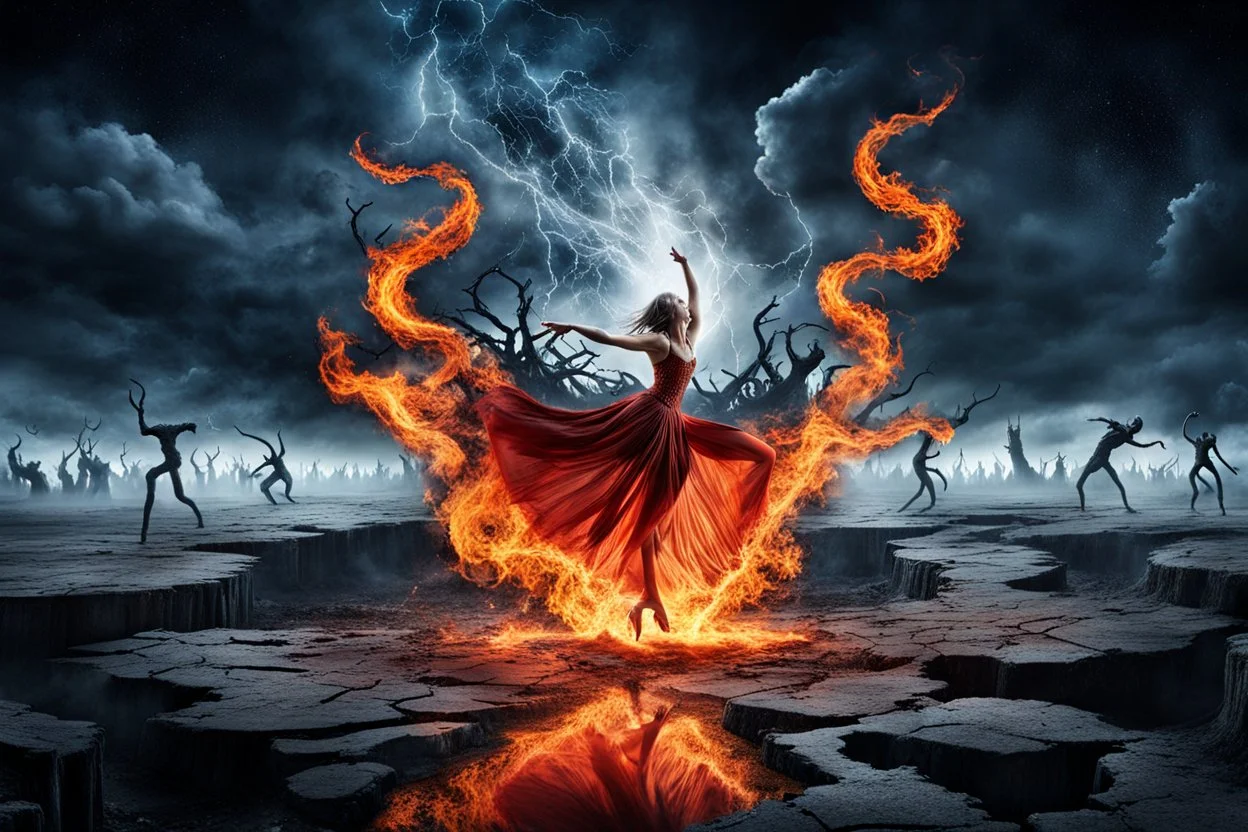 a stunning detalied surreal image where a dancer's dress transforms into fire, and tongues of flame, the background is the hell with demons, cracked and ruined nightly landscape, nightmare from the hell, dark siluettes, pale light, dark night, demons, crepy stunning image, masterpeace, thriller