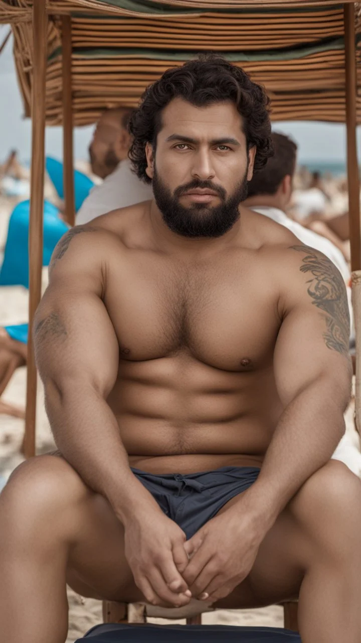 full figure shot photography of a very serious ugly burly muscular strong chubby marocan 32 years old, short beard, shirtless, manly chest, sells colored pareos on a crowded beach, sitting on a beach chair, sunligh, photorealistic, 35mm lens, side light, ambient occlusion