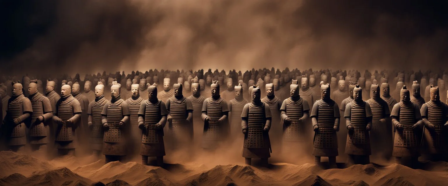 Hyper Realistic Photographic Middle Angle View of The Terracotta Army of the First Emperor of China at dark night with heavy sandstorm showing dramatic & cinematic ambiance