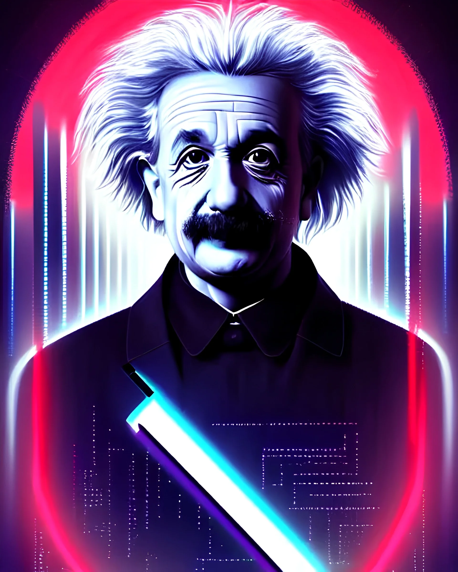 symmetry!! portrait of Albert Einstein, sci-fi, cyberpunk, blade runner, glowing lights, tech, biotech, techwear!! intricate, elegant, highly detailed, digital painting, artstation, concept art, smooth, sharp focus, blur, short focal length, illustration, art by artgerm