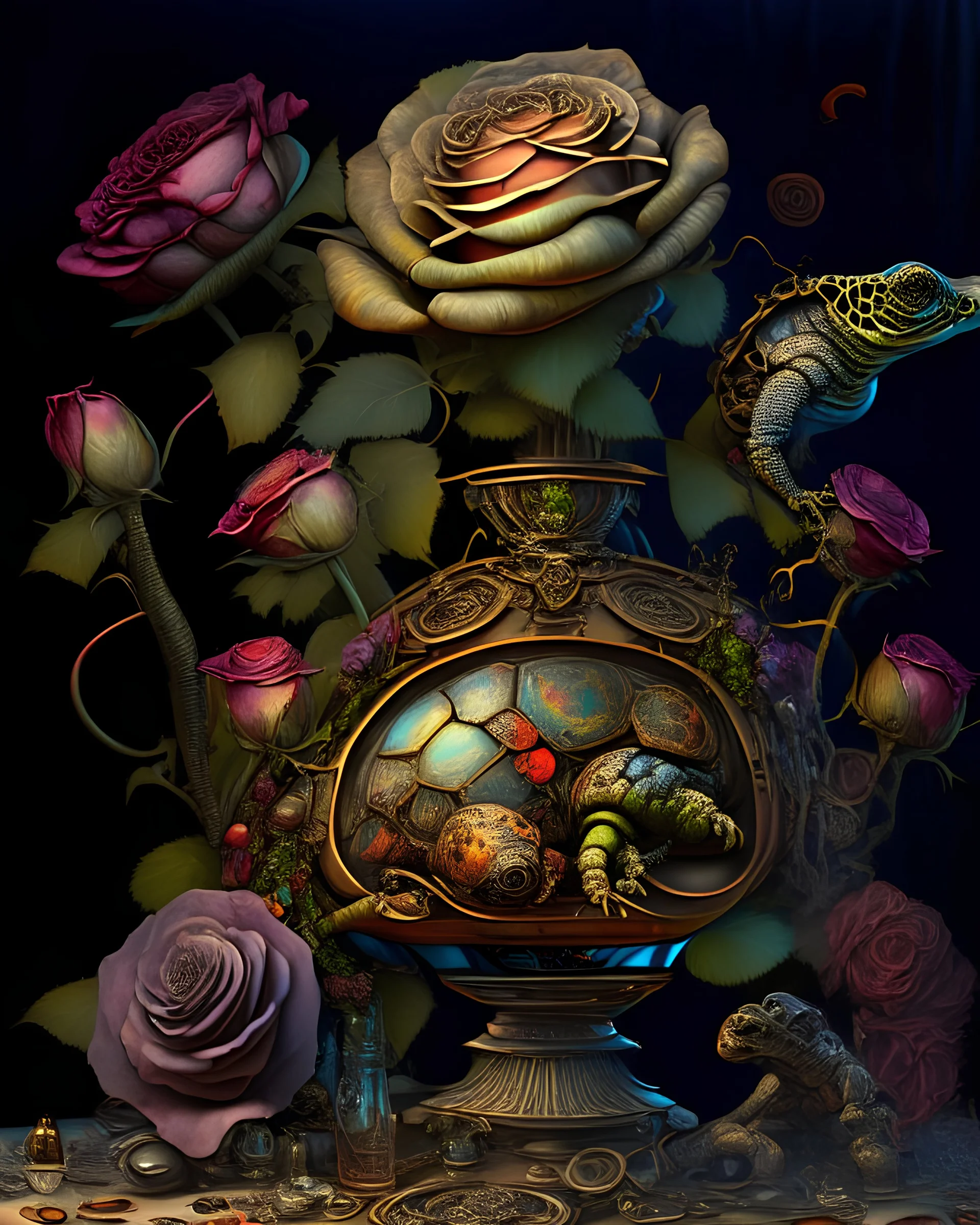 an ultra 8k detailed painting of many different types of surreal roses in a steampunk vase standing on a steampunk table, with a steampunk turtle on the table, by Dali, Rachel Ruysch, generative art, intricate patterns, colorful, photorealistic