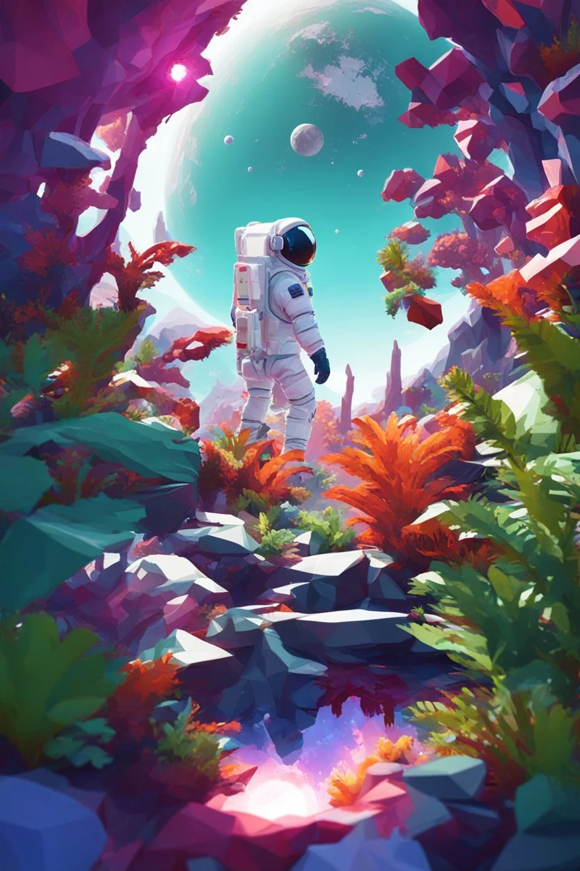 (((close midshot))), (((low poly art:2))), (astronaut), ultra detailed illustration of an environment on a dangerous:1.2 exotic planet with plants and wild (animals:1.5), (vast open world), astroneer inspired, highest quality, no lines, no outlines candid photography. by Lekrot