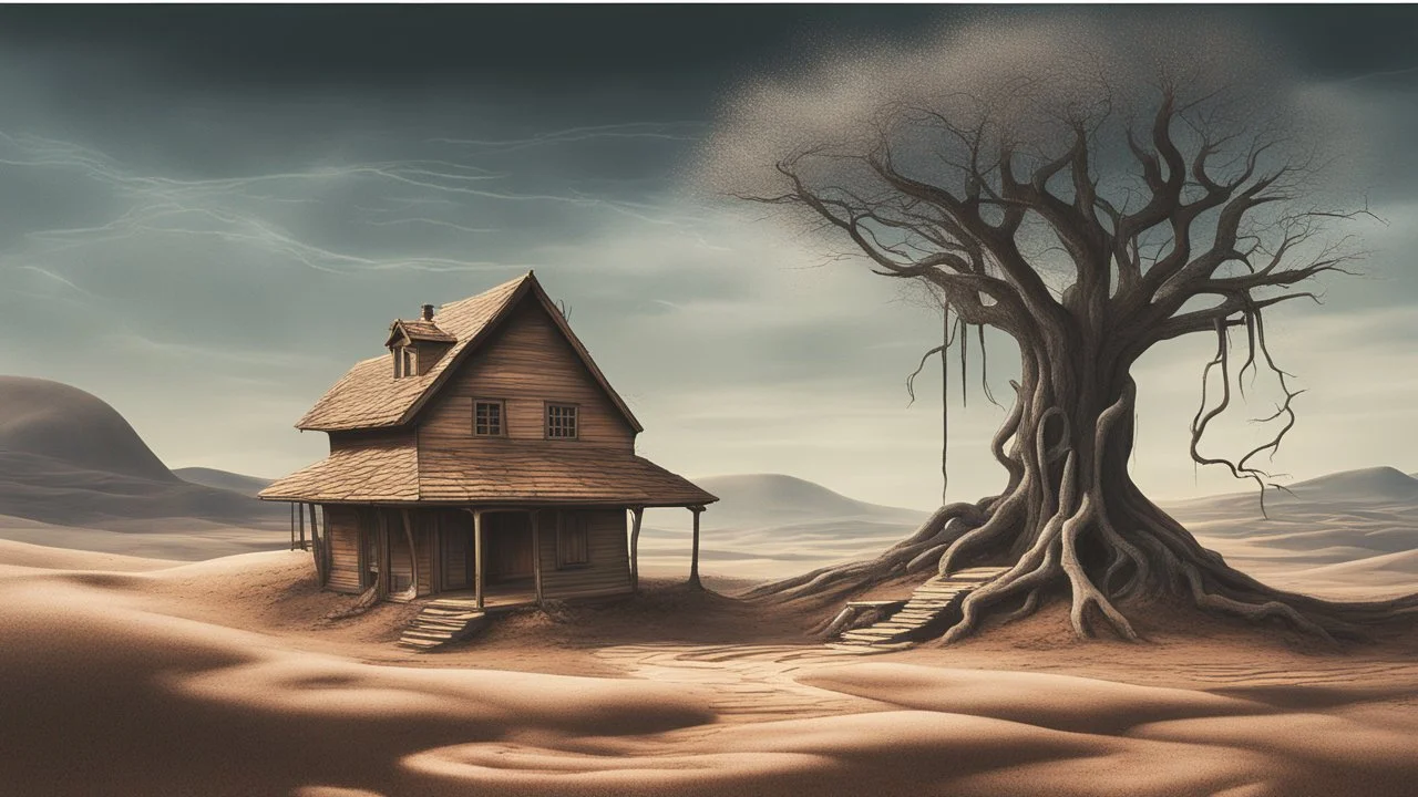 A IMAGE in a surrealistic style, showcasing a mystical landscape with a house, a well, and a dry tree. The distorted perspective and dream-like atmosphere create a sense of mystery and intrigue