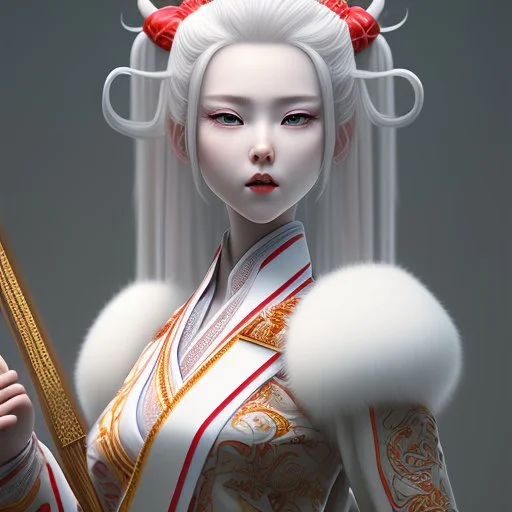 UHD, hd, 8k, hyperrealism, Very detailed, zoomed out view, full character in view, white hair female demon character wearing a hanbok with a white top and long red bottom, she holds a katana in her right hand, she stands in front of a Japanese style palace digital art, anime, full details