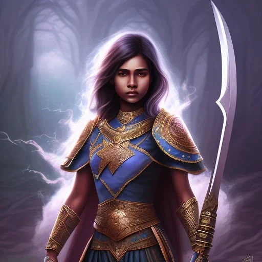 Fantasy setting, woman, dark-skinned, indian, ranger, 20 years old, wavy hair